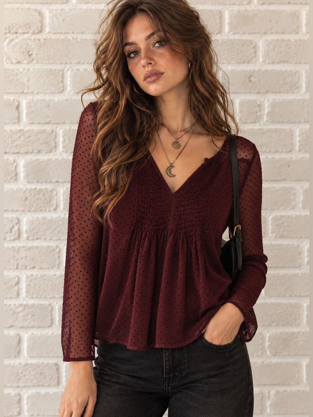 Old Navy Burgundy Sheer Swiss Dot Blouse Whimsigoth Romantic Boho Top Sz M